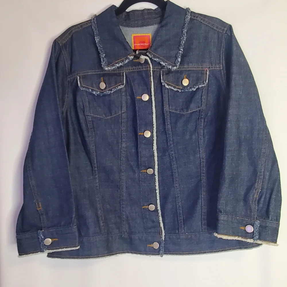 Issac Mizrahi Size XXL 2-pocket denim jacket, distressing & colorful stitching - Picture 3 of 9